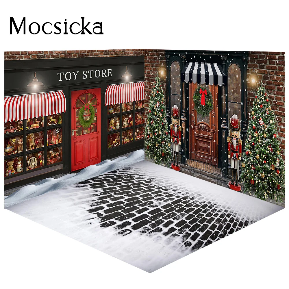 Xmas 3d Toy Store Room Backdrop Decorations Bear Santa Gifts Christmas Tree Background Vintage Snowy Stone Kids Portrait Shoot