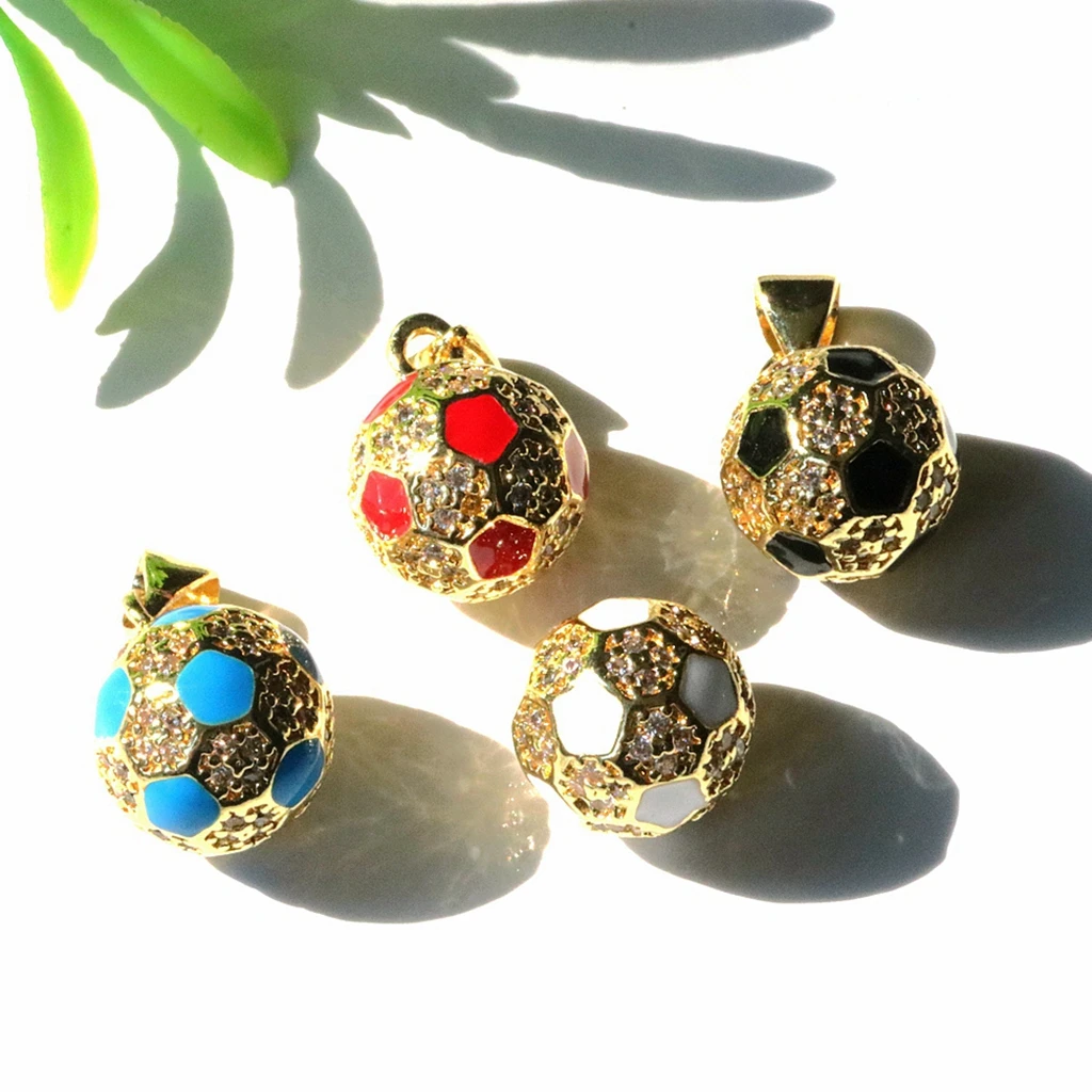 HOT 4Pcs/Lot 11mm18K Gold Plated Micro Pave Zircon Enamel Football Ball Beads For DIY Necklace Earrings Bracelets Jewelry Making