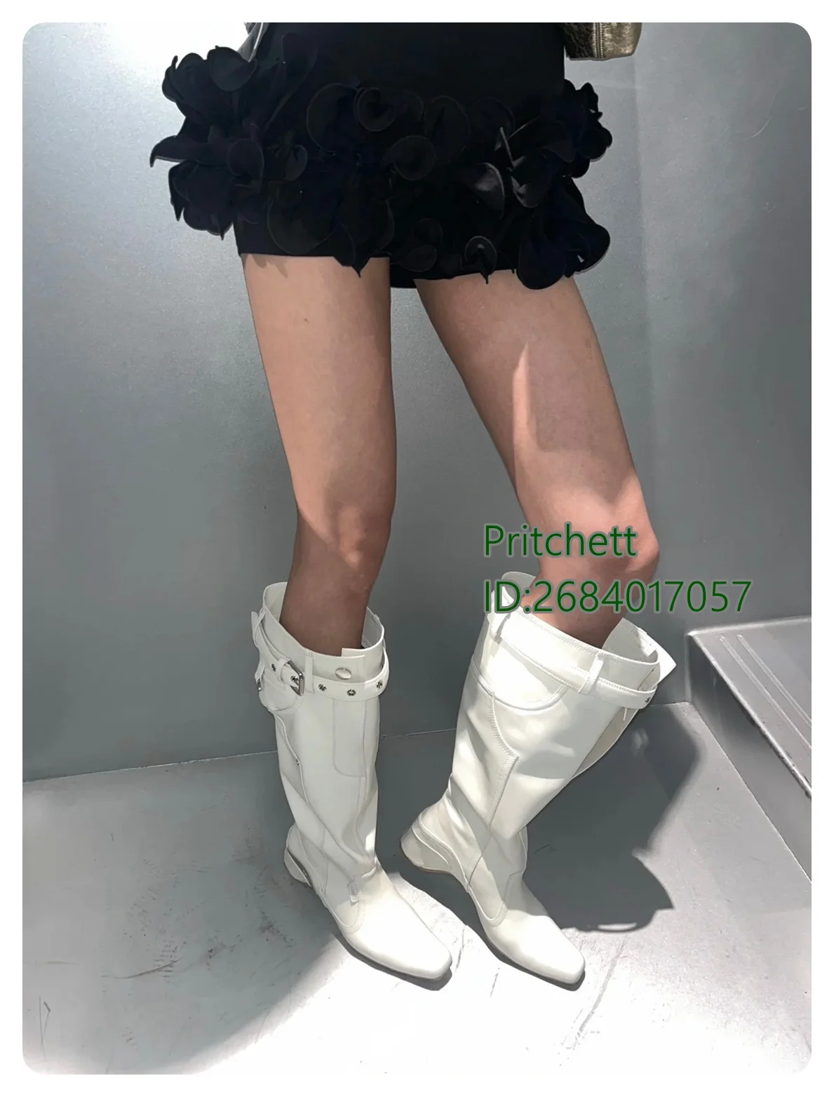 Strange Heels Pleated Knee High Boots Vintage Western Cowboy Boots Square Toe Solid Buckle Hot Girl 2024 New Arrivals Flats