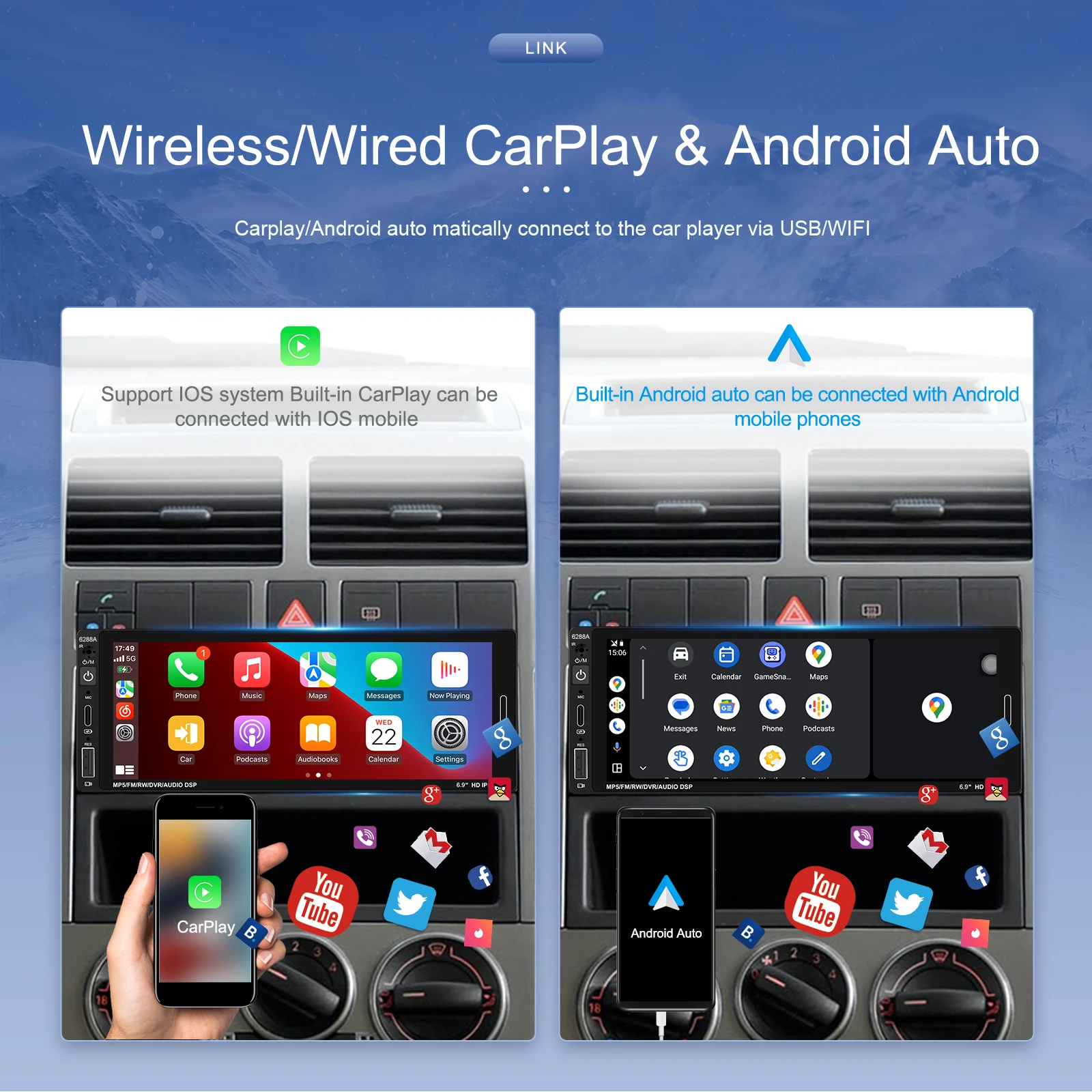 Autoradio 1 Din Podofo 6.9” Android 15 – 2G+32G, Wireless Carplay, GPS, WiFi, FM, Telecamera Posteriore Inclusa - 3