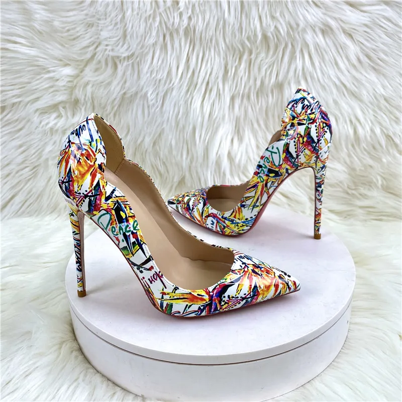 Tikicup Floral Print Women V-Cut Edged Pointy Toe High Heel Shoes for Party Show Sexy Slip On Stiletto Pumps for Party Dress