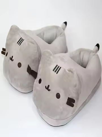 Cartoon Full Covered Cat Slippers Warm Winter Slides Soft Plush Doll Indoor Cute Anime Bedroom Shoes For Man Woman Home Use