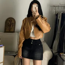 Brown Leather Short Biker Jackets Women Retro Streetwear PU Coats Top Female Harajuku Fashion Y2K Faux Leather Oversized Outwear