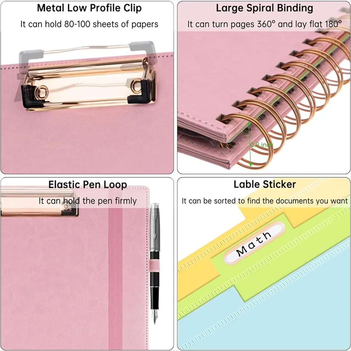 ABQR Presse-papiers en spirale rose avec sac de rangement à fermeture éclair, sac de rangement pour porte-documents avec presse-papiers, 5 dossiers divisés