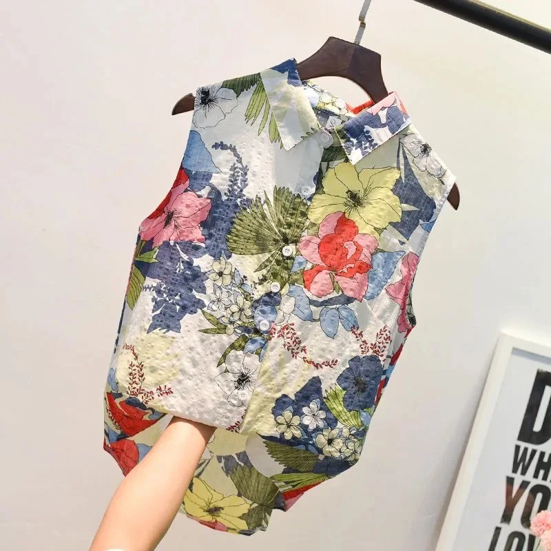 Women Summer Style Blouses Shirts Lady Casual Sleeveless Turn-down Collar Printed Blusas Tops