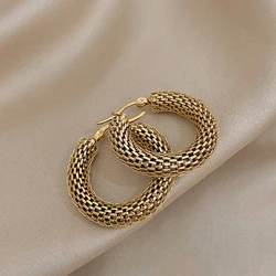 Vintage Round Metallic Texture Stainless Steel Earrings for Women Circle Geometric Hoops Earring Huggies Fashion Popular Jewelry