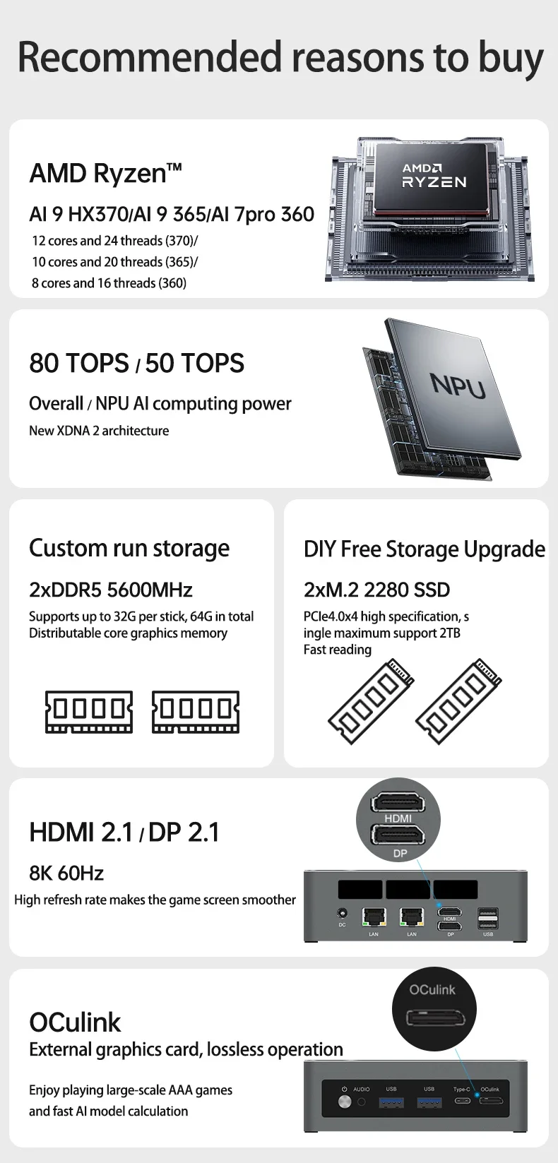 TOPC TR9 Ryzen AI7 Pro كمبيوتر صغير ryzen AI9 HX365 HX370 DDR5 16GB 500GB SSD 5600Mhz NVME PCIe 4.0x4 لتقوم بها بنفسك كمبيوتر ألعاب مكتبي #5