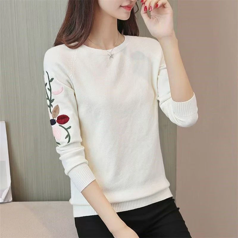 

Autumn Winter Flower Embroidered Knitted Sweater Women Casual Loose Long Sleeve Top Party Basic Sweater Black White