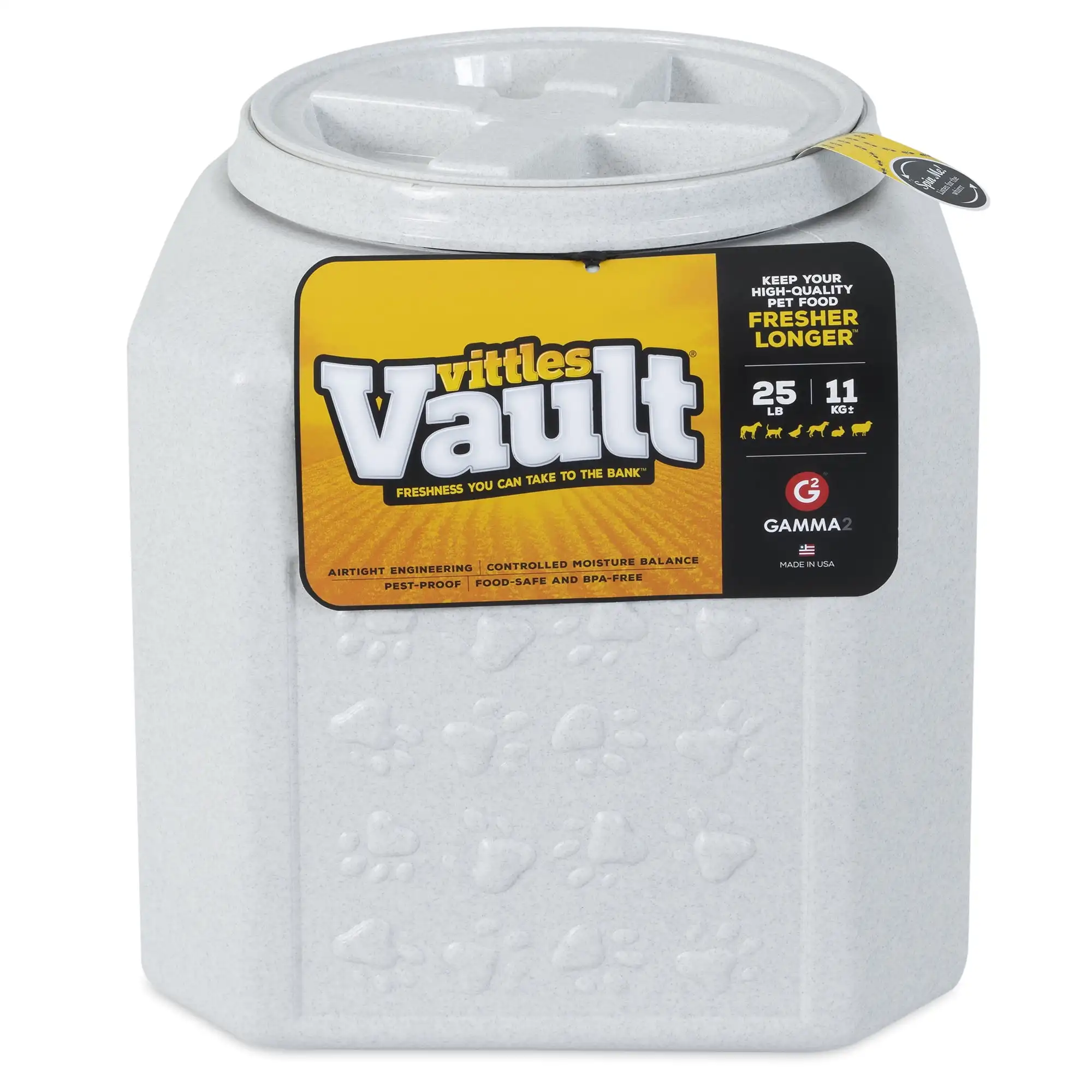 Gamma2-Récipient en plastique Vittles Vault Outback Pawprint, gris, capacité de 25 filtres, stockage des aliments pour animaux de compagnie