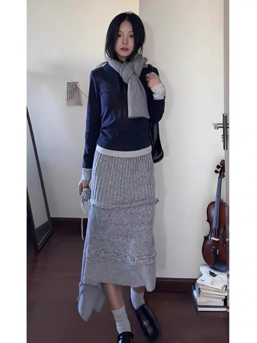 

Модный комплект Y2K: вязаный свитер и юбка с завышенной талией для женщин, в стиле колор-блок