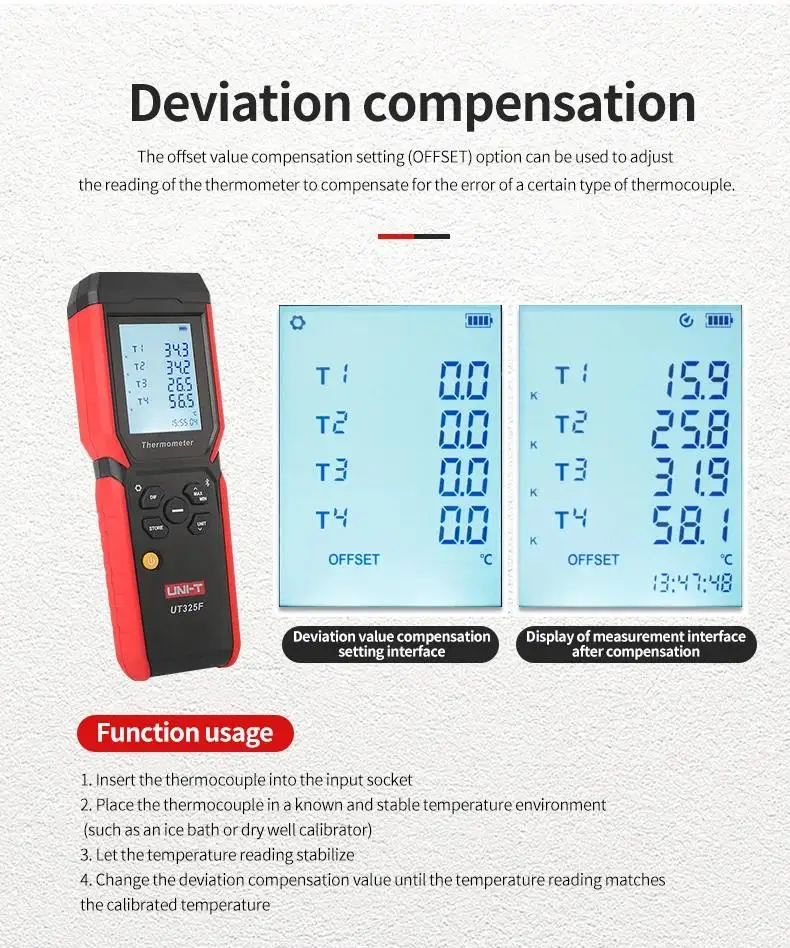 UNI-T UT325F 4 Channels Thermometer for K J T E R S N Type Thermocouples Digital Temperature with Data Storage Analysis Software