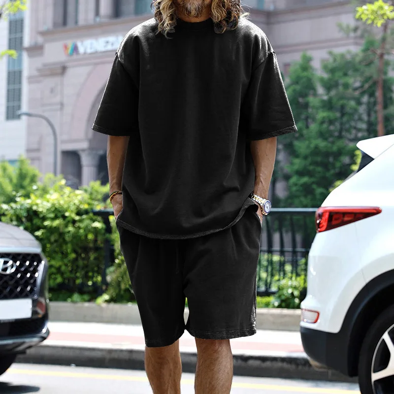 2024 New Summer Hip-hop Fashion Minimalist Solid Color Short Sleeved Round Neck Loose Tie Up Shorts Men's Youth T-shirt Set