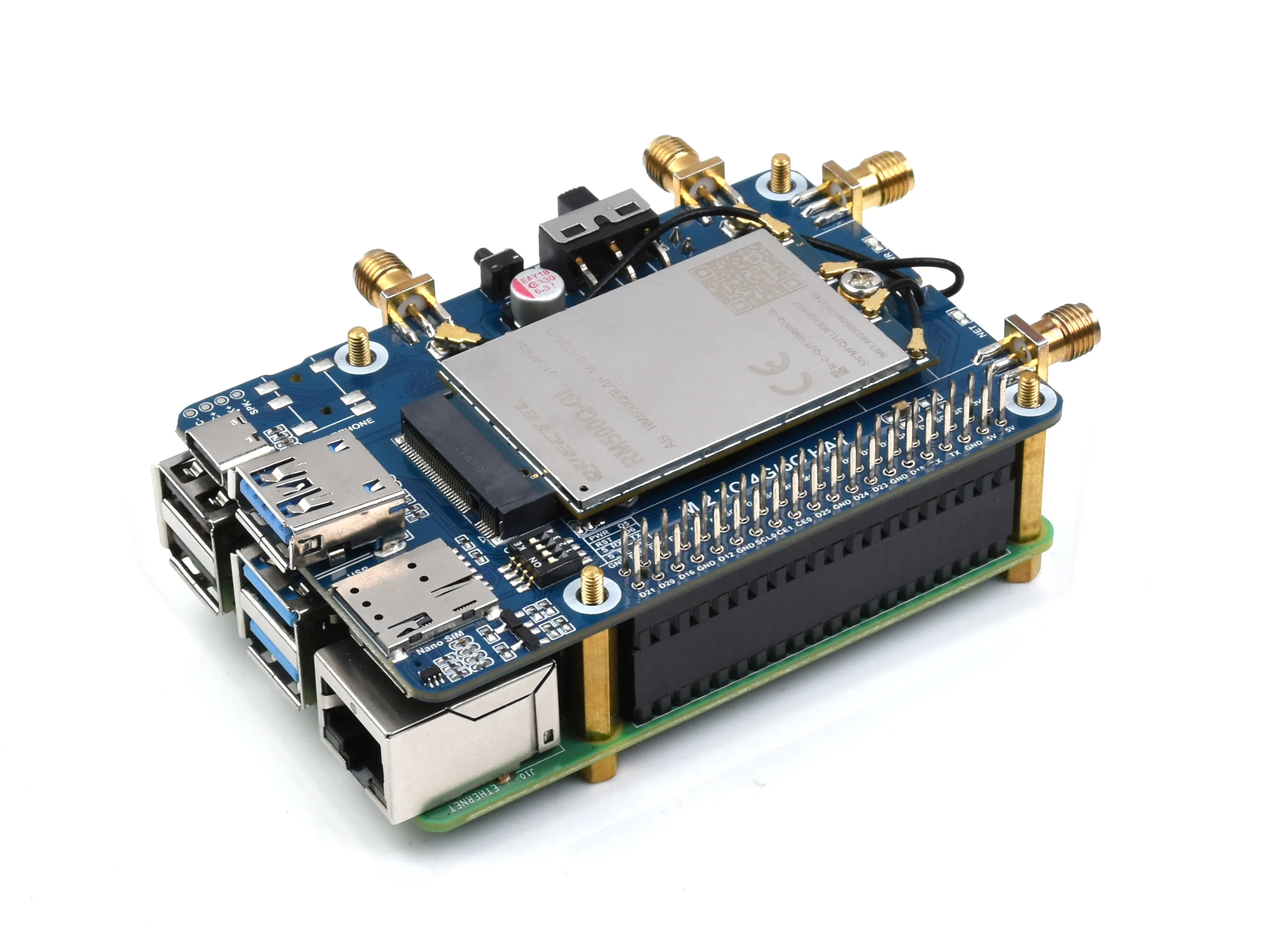 

Waveshare RM500x / RM502x 5G HAT For Raspberry Pi Quad Antennas LTE-A Multi Band 5G/4G/3G Standard M.2 B KEY Slot Without Case