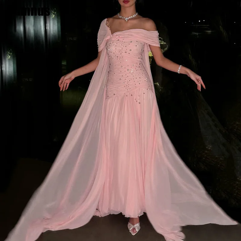 

Sumnus Elegant A-Line Pink Evening Dresses Off Shoulder Beading Pleats Formal Dresses فساتين سهرة Customized
