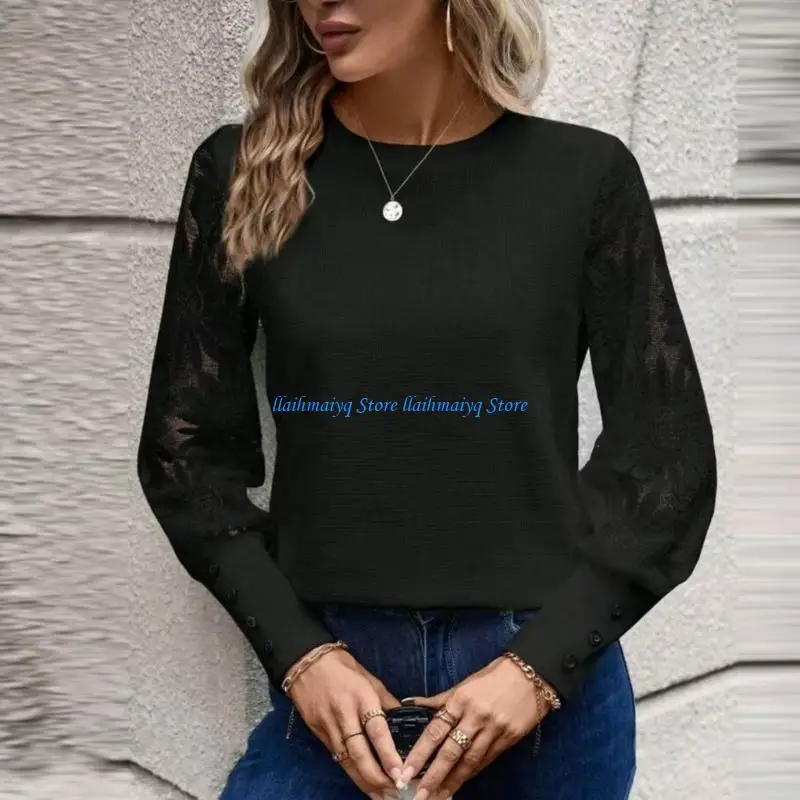 573B Knit Tops for Women Lace Mesh Long Sleeve Sweater Crewneck Pullover Shirt Lightweight Blouse