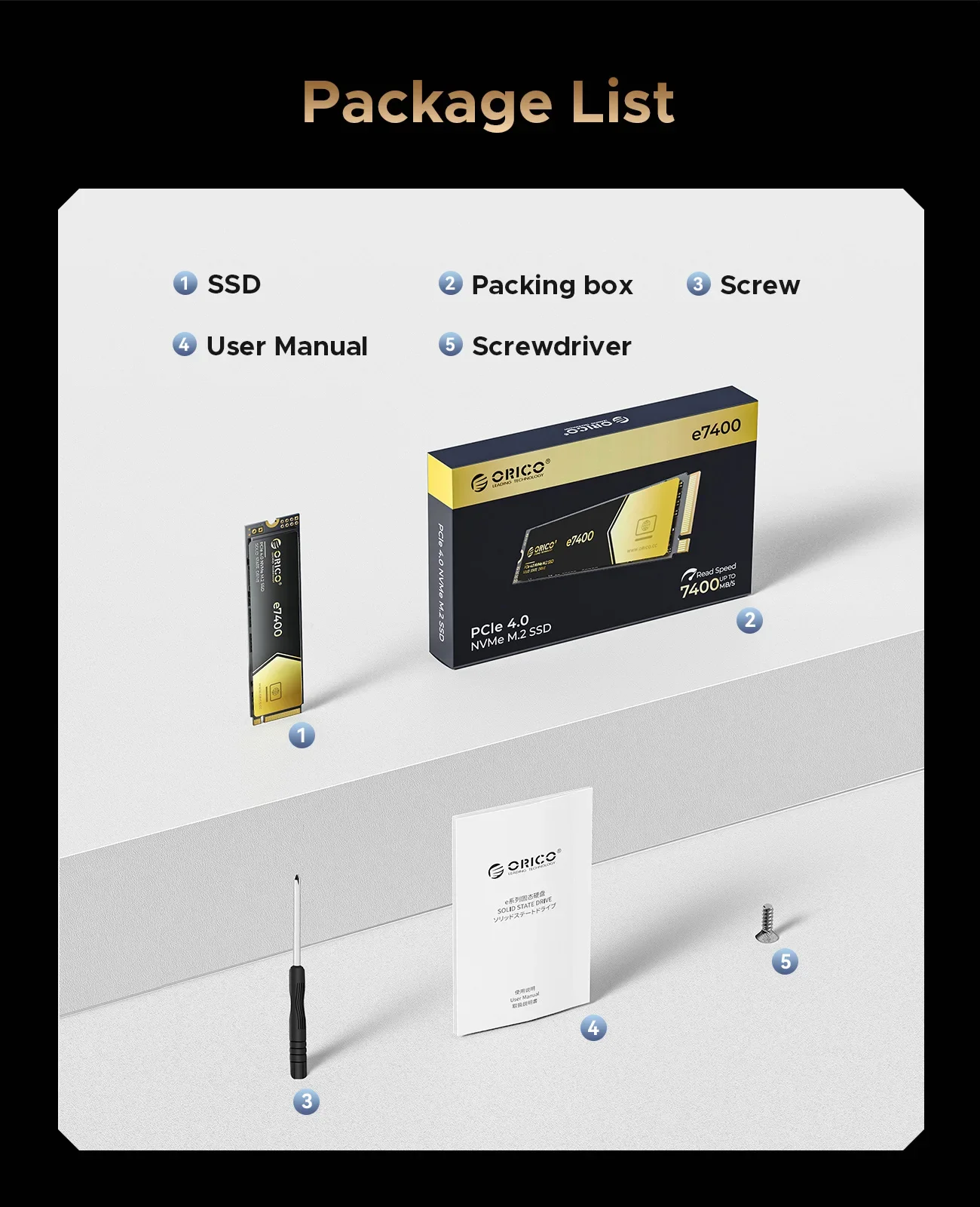 ORICO e7400 PCIe4.0 M.2 NVMe SSD PS5 7400MB/S Internal Solid State Drive Gen4 for High End Computing Gamer Heavy Duty Works
