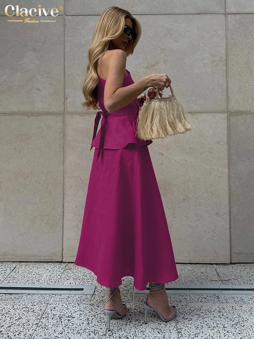 Clacive Summer Loose Purple Cotton Skirt Sets Woman 2 Pieces 2026 Sexy Sleeveless Tank Top With High Waist Long Skirt Set Female view 6