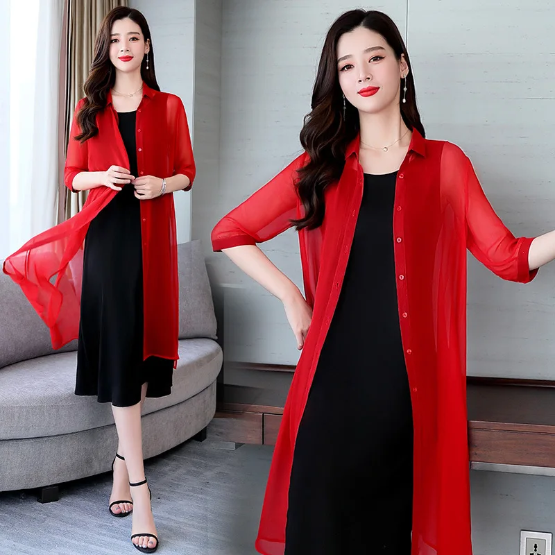 2217 half sleeve solid color coat long silk cardigan thin shawl Silk stand collar dress two-way Wear silk