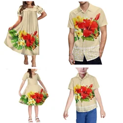 2024 Custom Women'S Mumu Loose Dress Polynesian Hawaiian Flower Print Samoan Family Party Dress And Men'S Shirt Plus Size Dress