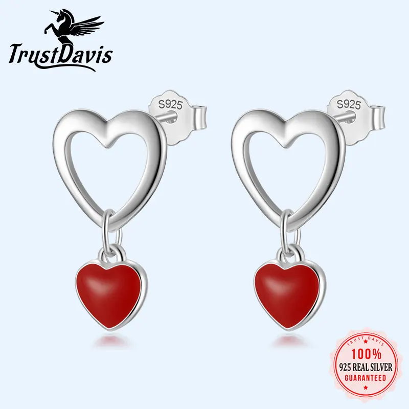 TrustDavis Real 925 Sterling Silver Fashion Hollow Out Red Heart Love Stud Earrings For Daughter Girls Fine Gift Jewelry DS577