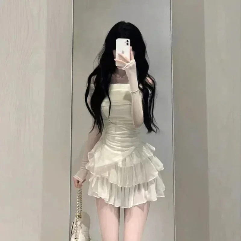 

Women's Slim Tiered Ball Gown High Waist Skirts Sets Thin Gentle Irregular Sunscreen Long-sleeve T-shirts Summer