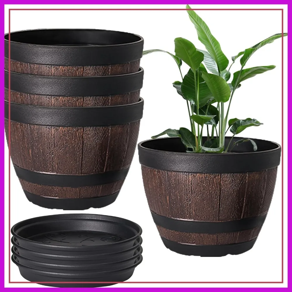 

11.3 Inch Plant Pots with Drainage Holes & Saucer, 4 Pack Plastic Whiskey Barrel Planters for Indoor Outdoor Garden