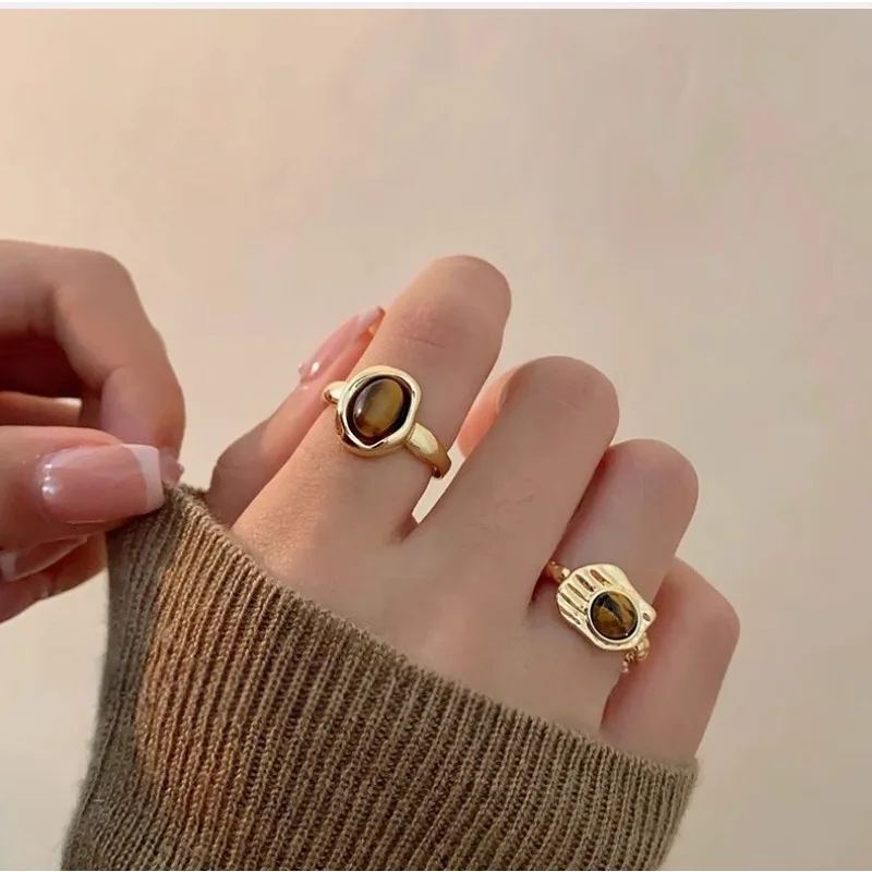 Vintage Gold Color Alloy Inlaid Round Browns Natural Stone Opening Rings for Women Bohemia Aesthetic Jewelry Gift Free Shipping