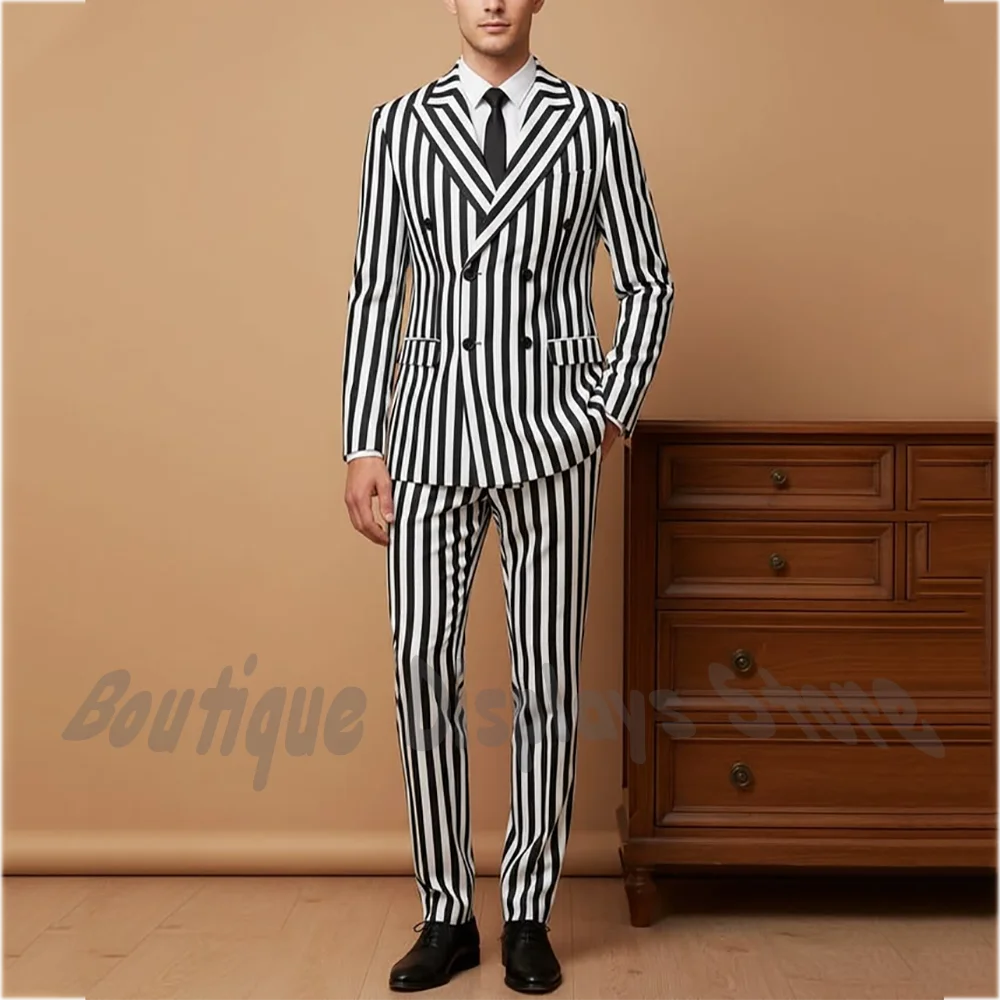 

Retro Men's Black White Striped Suit Double Breasted Peak Lapel Modern Design Stage Prom Groom Costume Homme Luxury Suit Set