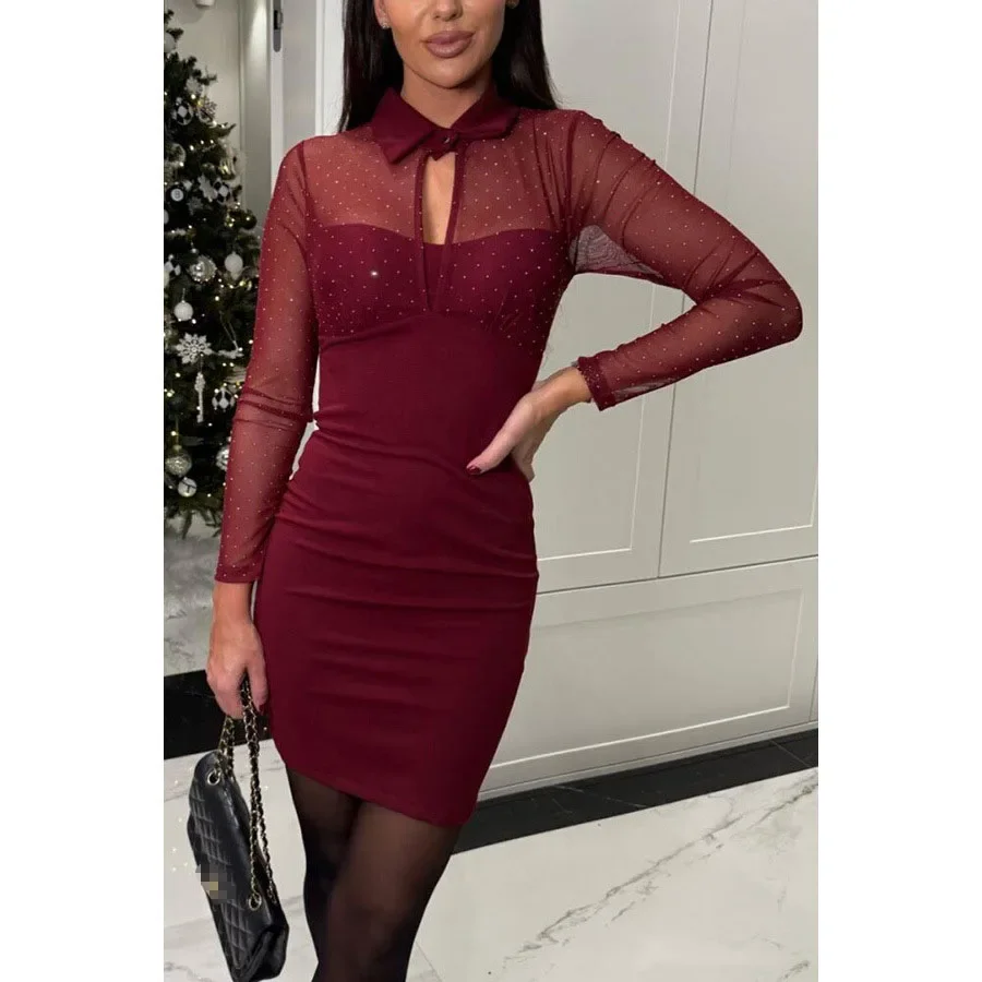 

Trendy Sexy Party Mini Dress Women Spring Turn Down Collar Hollow Out Long Sleeve Casual Elegant Bodycon Streetwear Robe Femme