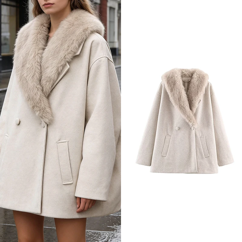 

Женское бежевое полушерстяное пальто с воротником из искусственного меха, двубортное, свободное зимнее пальто, модный и теплый стиль