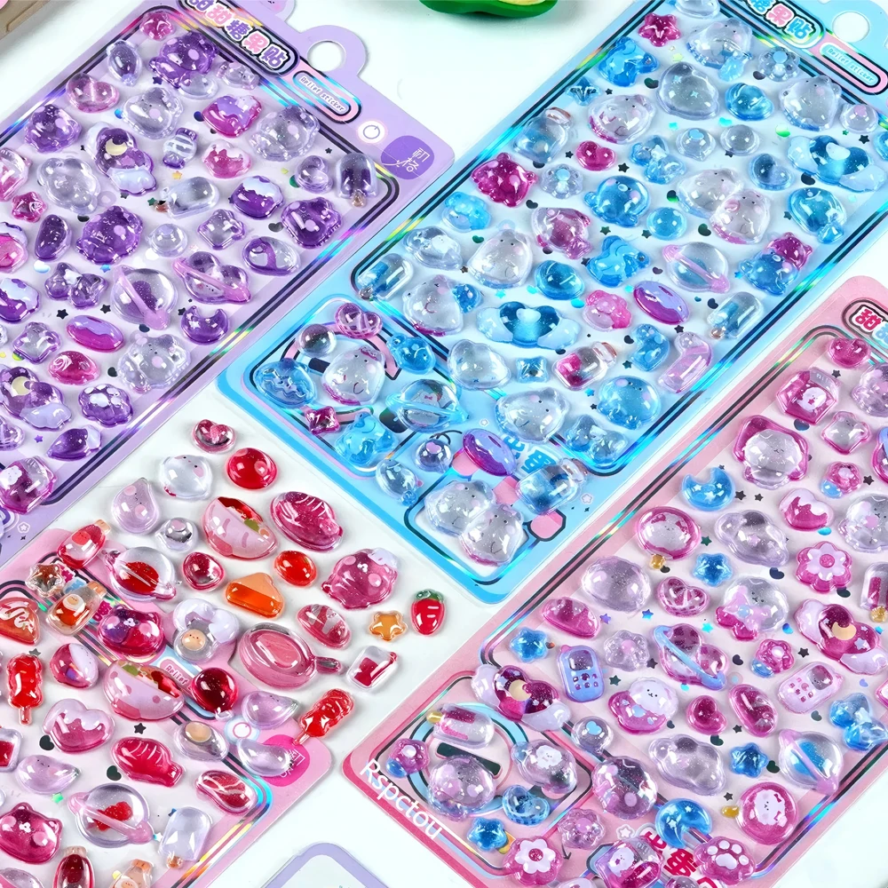 Pacote com 4 Adesivos 3D de Cristal em Estilo Kawaii, Adesivos Criativos de Animais de Anime para Scrapbook, Telefone e Guitarra