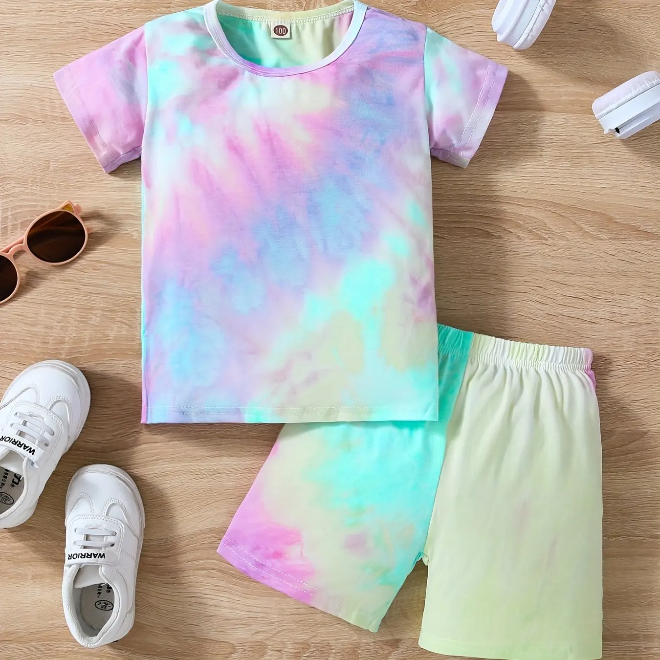 Tie Dye Pajama Set for Girls Short Sleeve Round Neck T Shirt and Shorts 2 Piece Summer Home Wear Loose Sleepwear