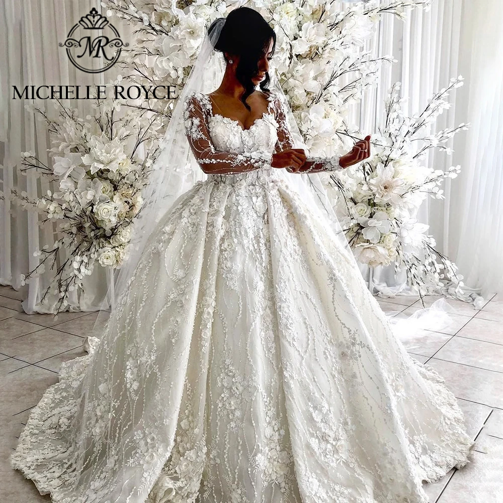 Michelle Royce Luxury Ball Gown Wedding Dresses For Women 2024 Sweetheart 3D Flowers Long Sleeves Wedding Gown Vestidos De Novia