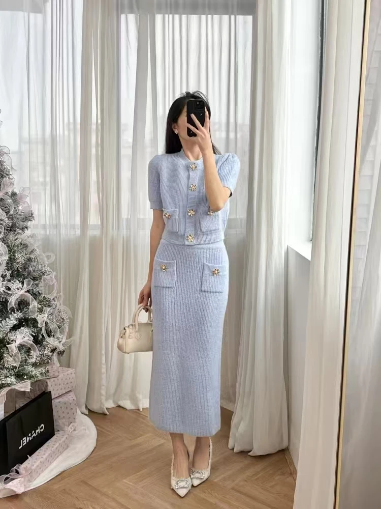 

Two Peice Set Sweet Set Mist Blue Flower Pearl Button Short Sleeve Knitted Top+Hip Wrapping Skirt Sweater Matching Sets Skirt