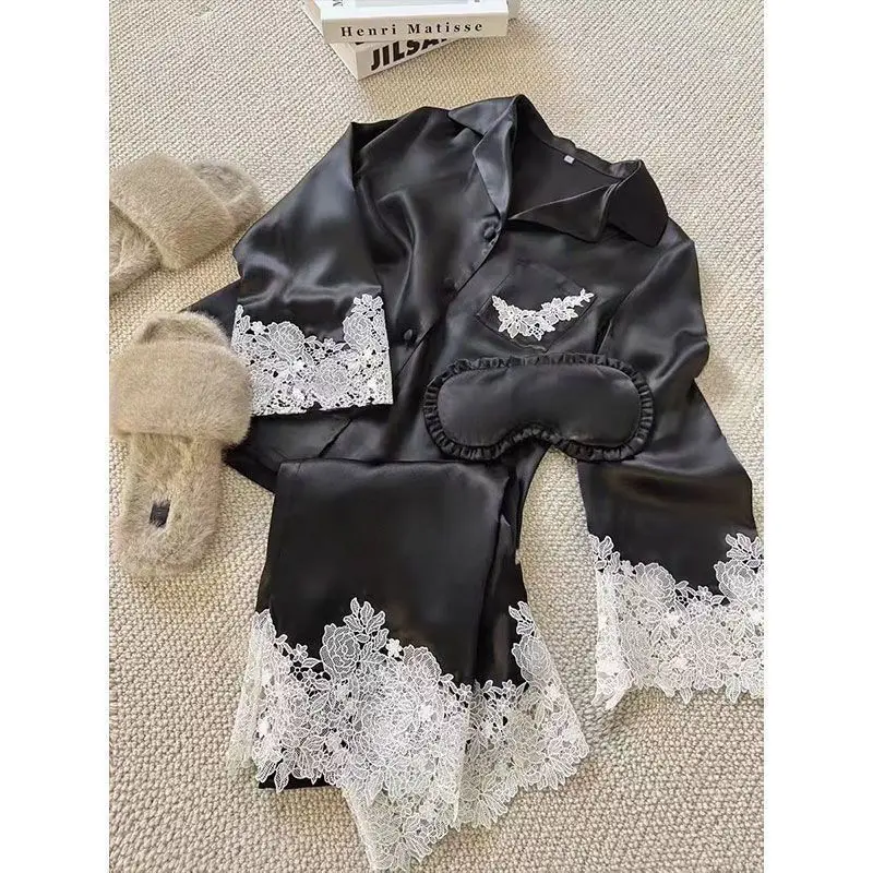 Pantalones de manga larga de otoño de seda de hielo y nieve de gama alta de encaje Jacquard satinado conjunto para el hogar pijamas ligeros de lujo ropa interior delicada