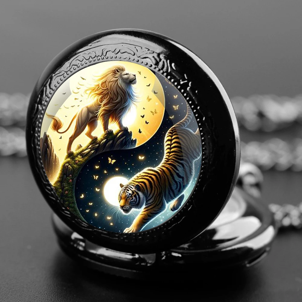 Reloj de bolsillo con diseño de Tigre y León para hombre y mujer, pulsera de cuarzo con cúpula de cristal, cadena duradera, esfera con números árabes, regalos creativos