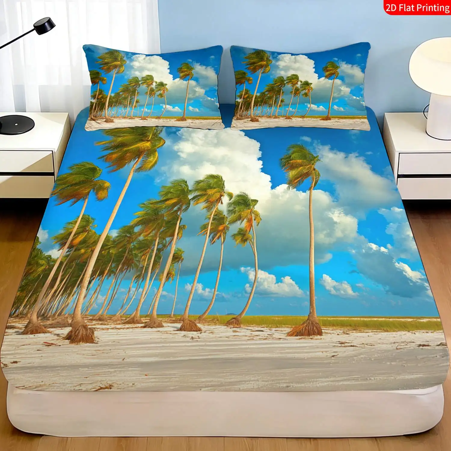 Tropical Beach Style, Coconut Tree and Blue Sky Print, White and Green Three-Piece Fitted Sheet Set, 2D Digital Print Three-Piece Bedding Set (Includes 1 Fitted Sheet + 2 Pillowcases), 3-Piece Set, Deep Pocket Fitted Sheet with 2D Print and 2 Pillowcases, Fitted Sheet Style with Elastic Band, Protective Cover, Mattress Protector, Machine Washable Design, Holiday Decoration, Various Sizes, Breathable Protective Cover Plus Pillowcases