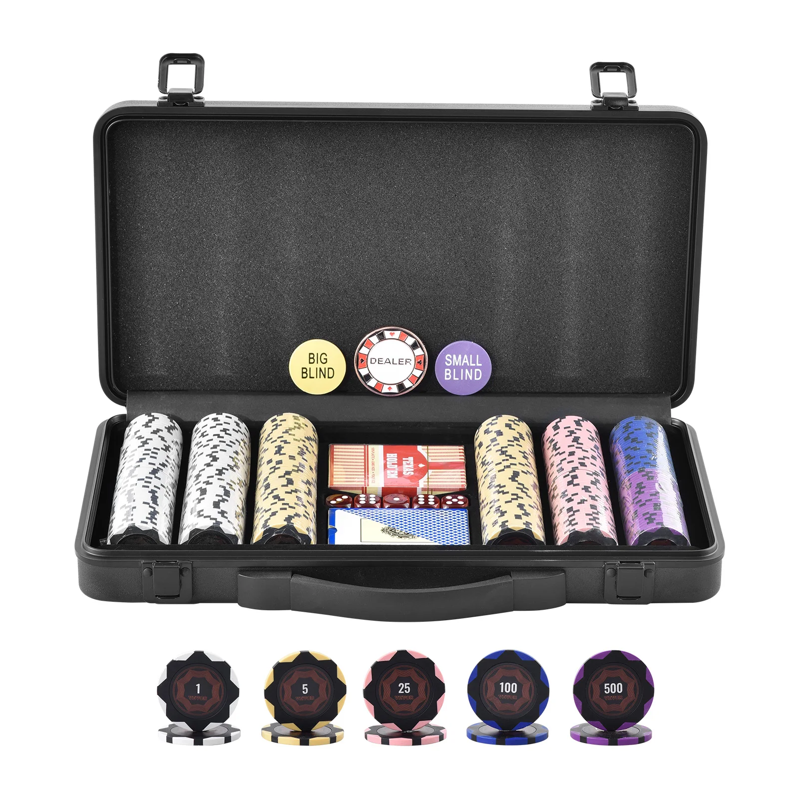 VEVOR Poker Chip Set Complete Poker Playing Game Set with 14 Gram Casino Clay Chips Cards Buttons and Dices for Texas Hold'em