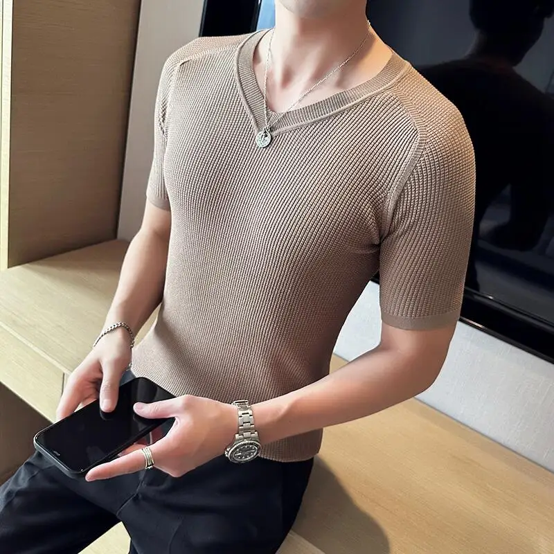 2024 Summer New V Neck T-shirt Men\'s Ice Silk Breathable Short Sleeves Knitted T Shirts Men Simple Casual Slim Fit Tee Top