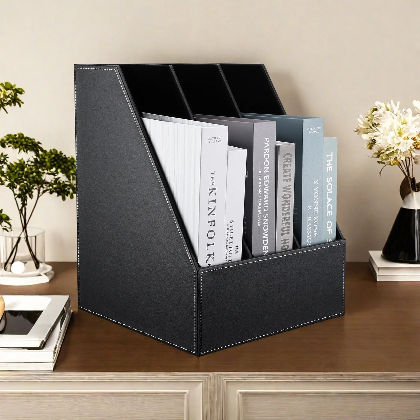 Modern Efficiency, Timeless Style PU Leather Triple Desktop Organizer Office Supplies File Rack Document Holder