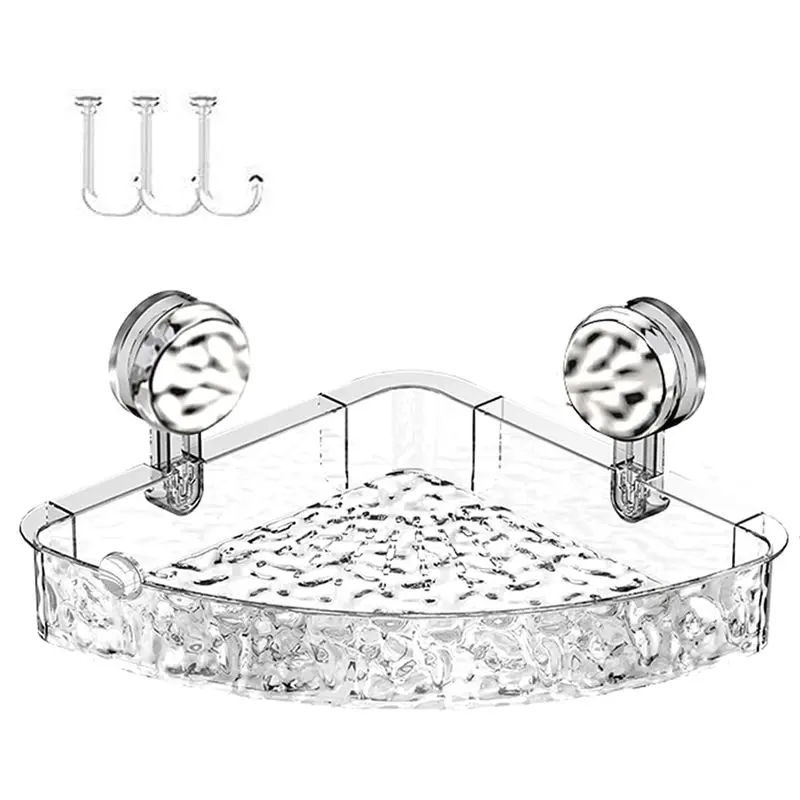 

-November No-Drill Suction Cup Corner Shower Shelf Corrugated Holder, Organizer With Hooks For Kitchen Bathroom