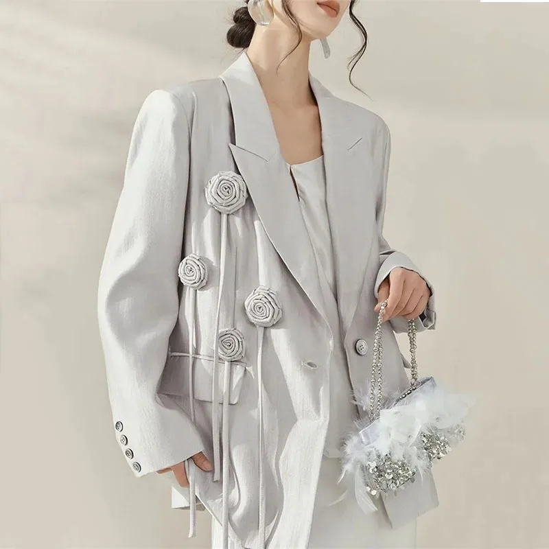 2026 New Spring Autumn Women‘s Suit Coat Blazer Heavy Industry Three-Dimensional Flower Design Suit Jacket Casual Outerwear
