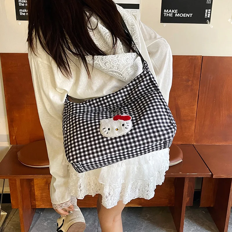 

Женская сумка через плечо Hello Kitty, женская сумка в клетку в полоску, сумка через плечо Kawaii Sanrio, универсальная модная сумка-тоут для путешествий