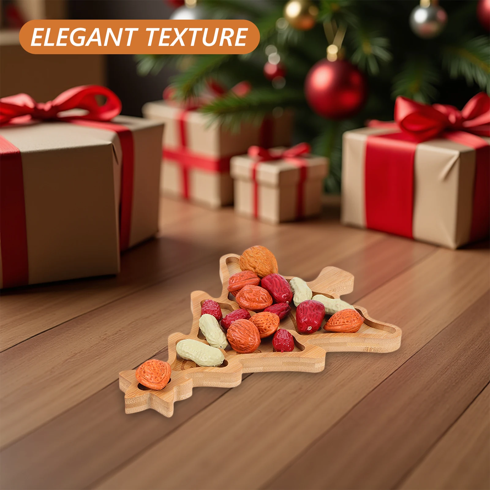 

Christmas Tree Bamboo Divided Serving Tray Snack Platter Holiday Party Dessert Candy Nut Fruit Display Plate Light Yellow