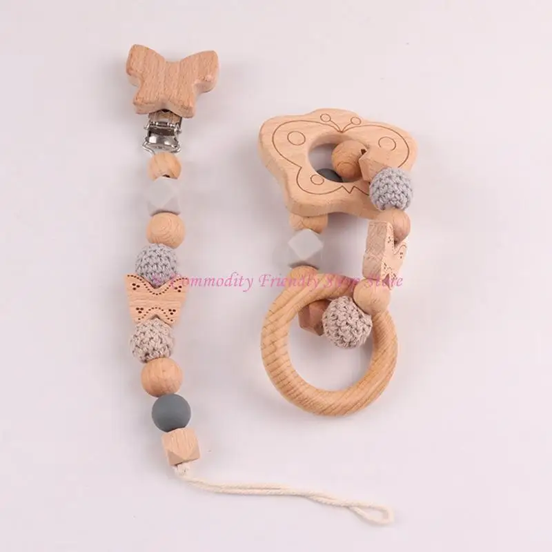 85AE 2 Pcs Teether Baby Rattle Montessori Teething Rings Cartoon Clutching Toy Wooden Sensory Shaking Games
