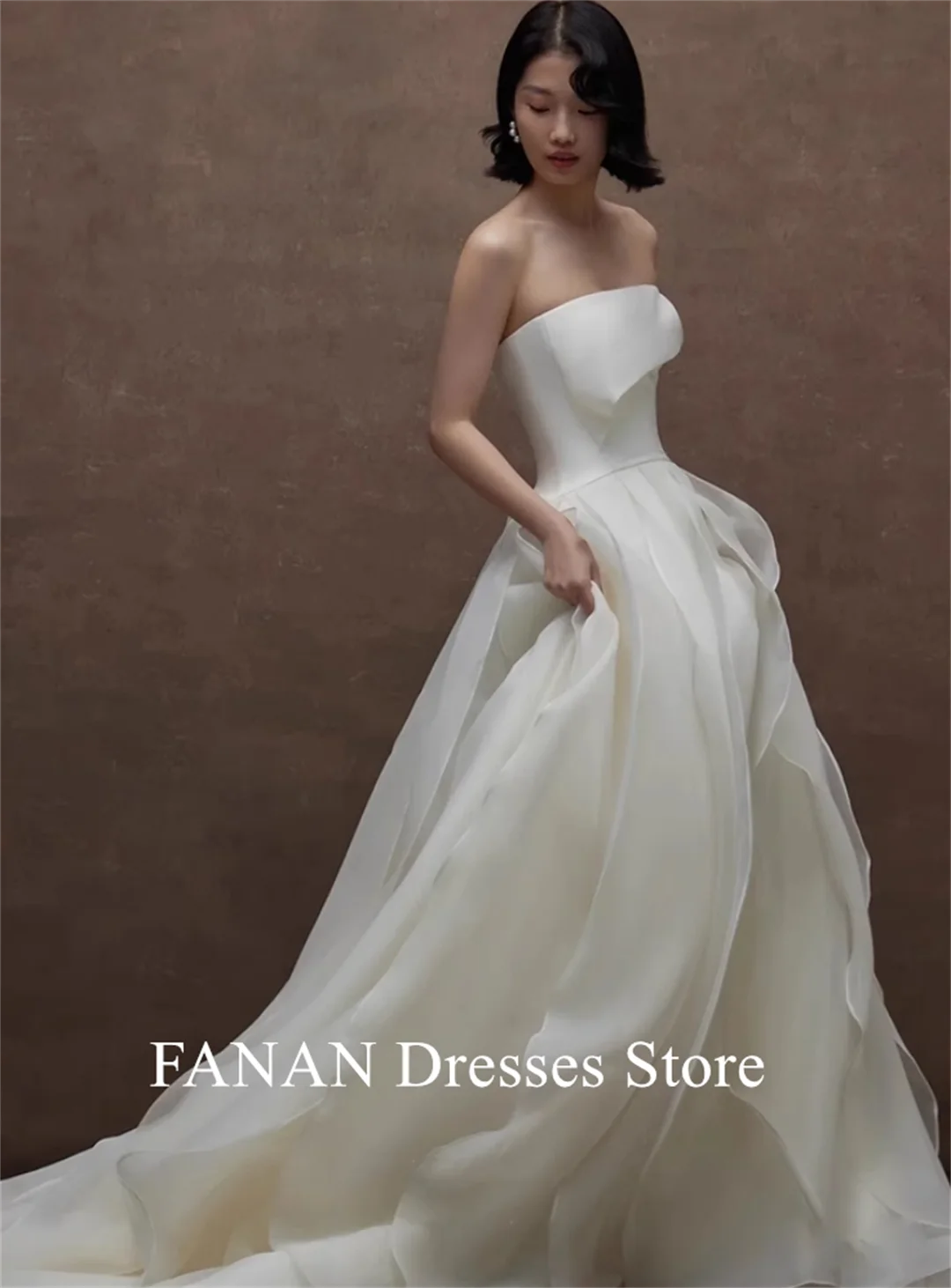 

FANAN Sleeveless Korea Ivory Wedding Dresses Customized Ruffles Organza Backless 웨딩드레스 Ruched Custom Made Bride Gowns Plus Size