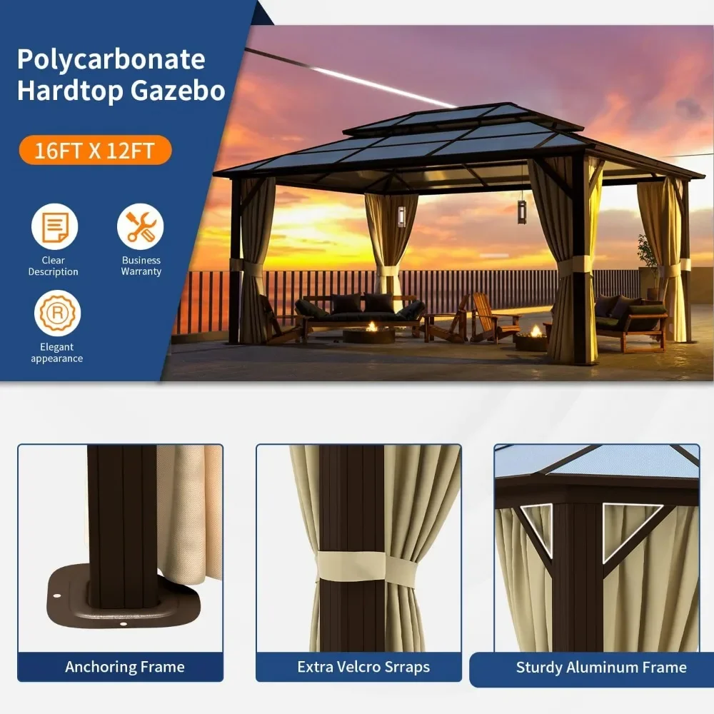 Gazebo de cobertura dura de 12'x16', dossel de teto duplo de policarbonato para exterior, pavilhão com estrutura de alumínio com cortinas e rede, guarda-sol