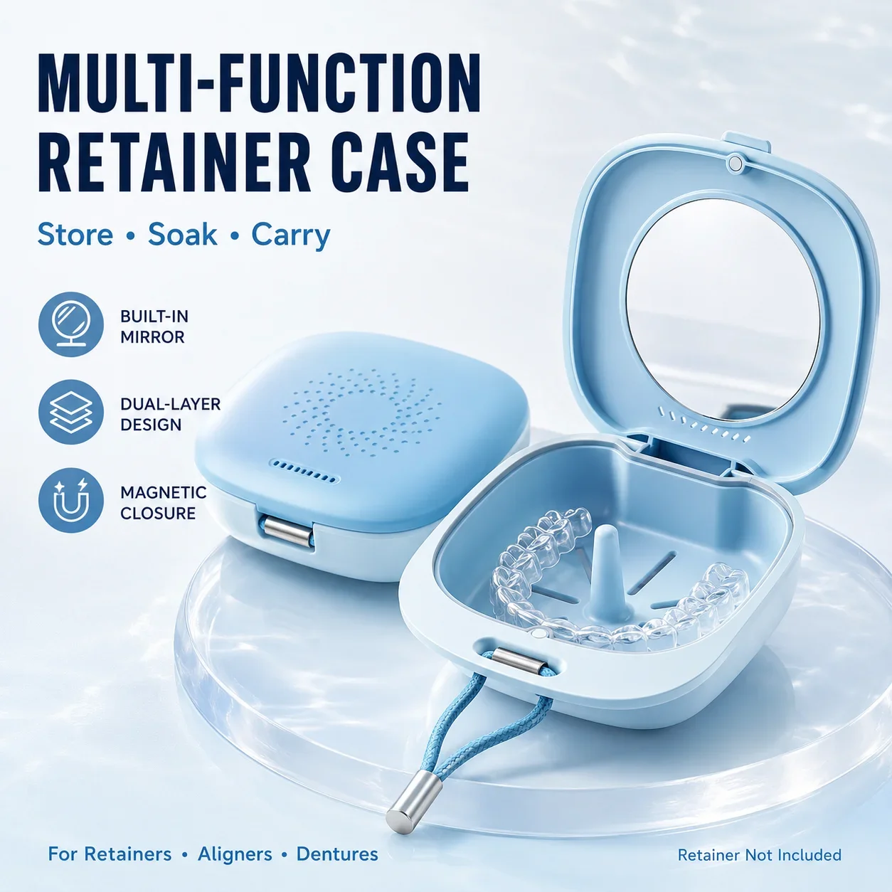 Portable Retainer Case with Mirror Dual Layer Soaking Cleaning Box for Aligners Dentures Orthodontic Storage Travel Case Adults