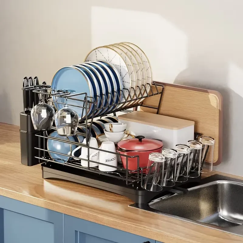 Cross-border double-layer non-folding sustainable multi-functional metal dish rack kitchen water cup dish rack