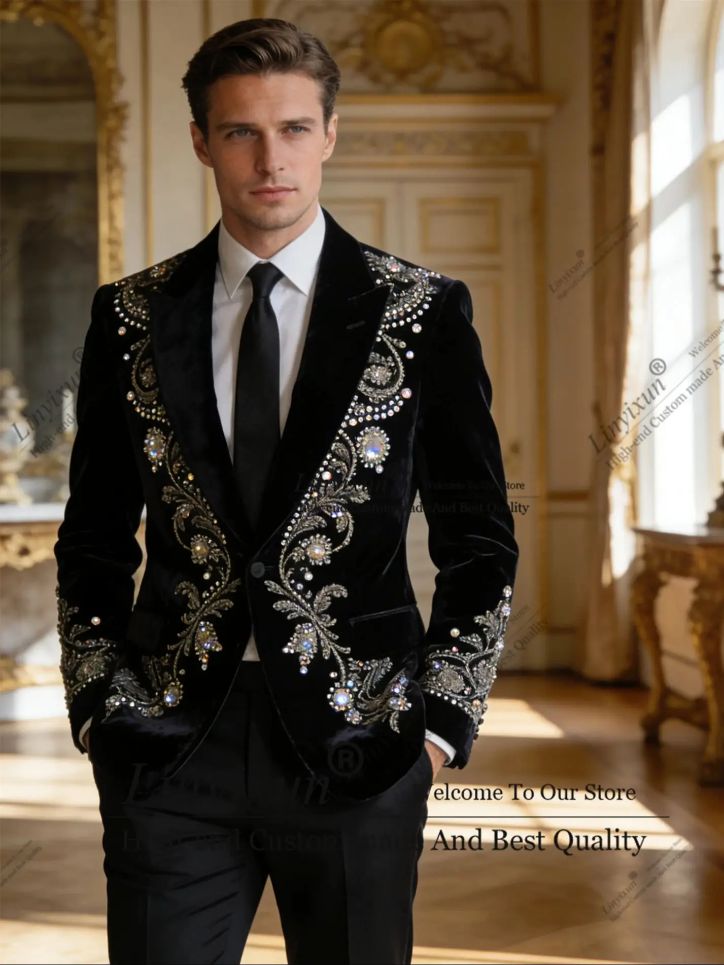 

Мужской костюм класса люкс с кристаллами, индивидуальный пошив, с острыми лацканами, бархатный, свадебный смокинг, 2 предмета, пиджак для жениха, приталенный крой, Ropa hombre